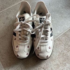 adidas White Sneakers with Black Stripes and Purple Floral Details